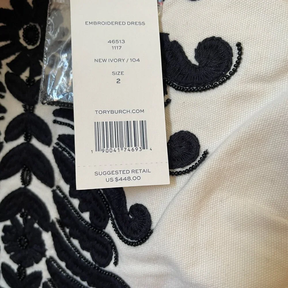 NWT Tory Burch Black & White Camille Embroidered Linen Shift Dress Size 2 - Picture 8 of 8